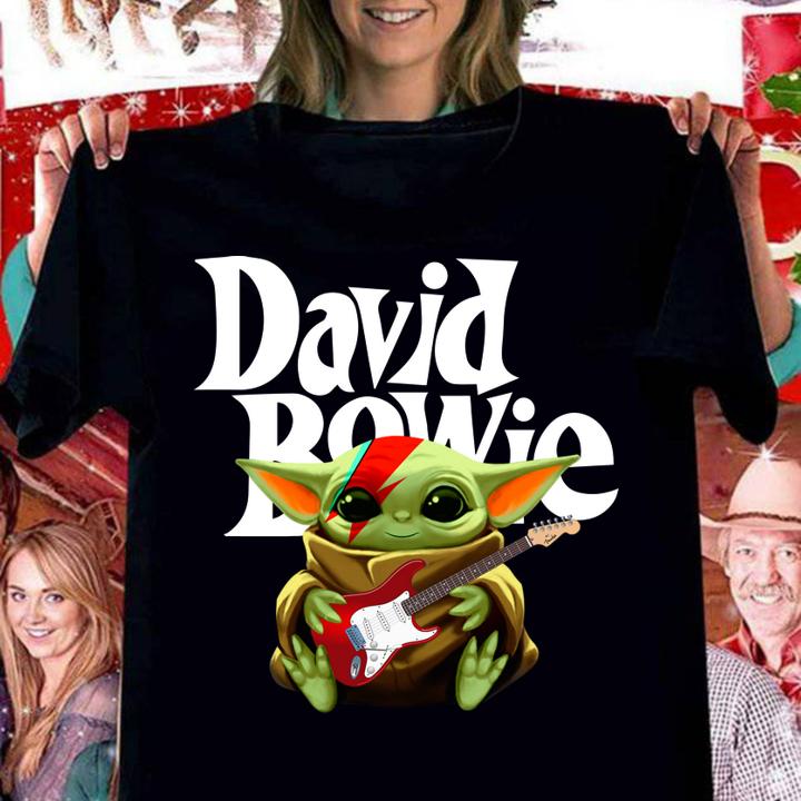 Baby Yoda hug guitar David Bowie Star Wars t-shirt woman shirt