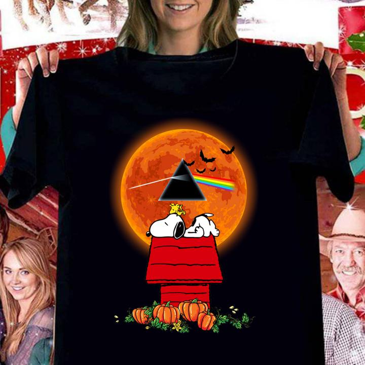 Halloween Snoopy and Woodstock Poster Pink Floyd Pumpkin Moon t-shirt woman shirt