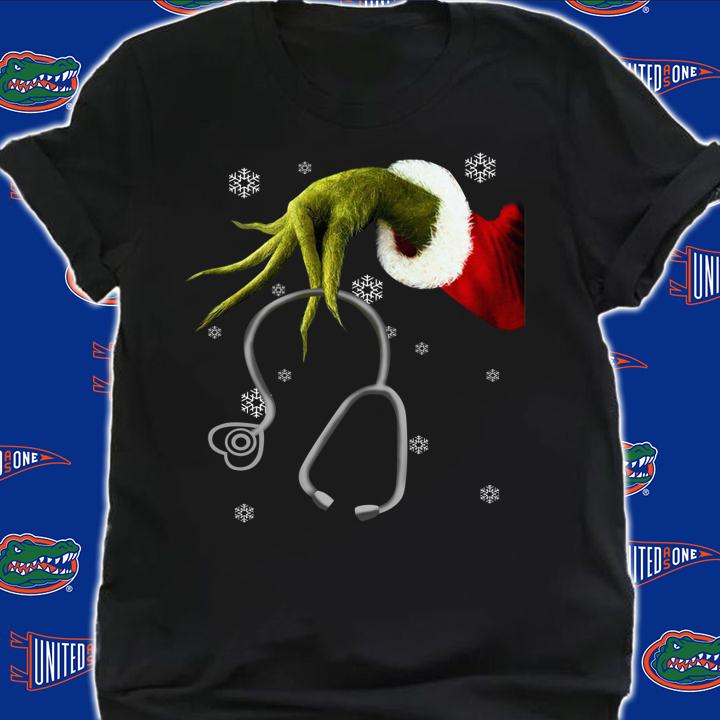 Grinch hand hold Stethoscope Nurse Christmas t-shirt shirt